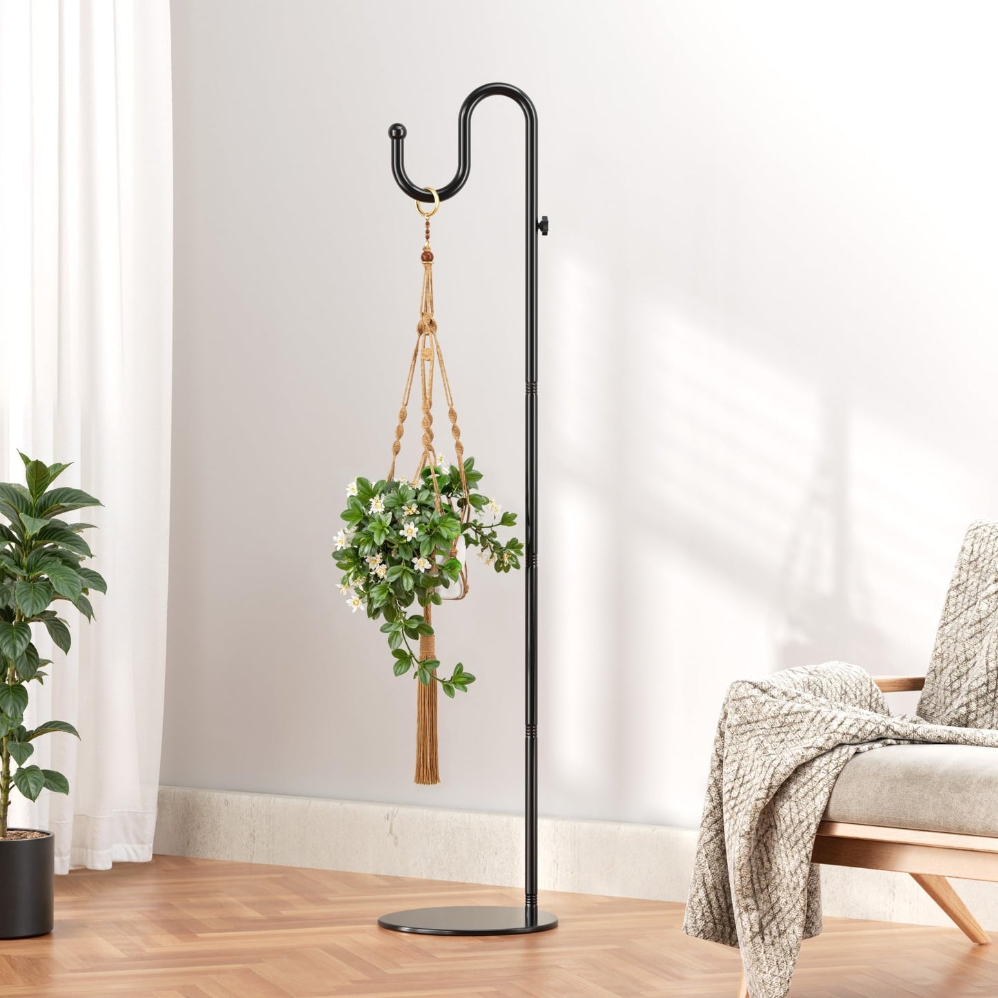 saffruff 74" Shepherds Hook Stand: Hanging Wind Chimes, Bird Feeders, Plants, Lanterns and Wreath, Adjustable Free Standing Pole Holder with Heavy Duty Base for Indoor & Outdoor, Holds Up to 20 LBS