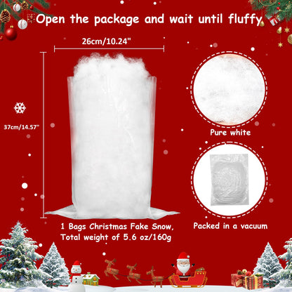 GQE Christmas Fake Snow Decoration,7 Oz(1 Bag) White Artificial Snow Cotton Fluffy Fake Snow for Mantle Village,Nativity Set,Faux Snow Christmas Tree Decor,Winter Indoor Home Decoration