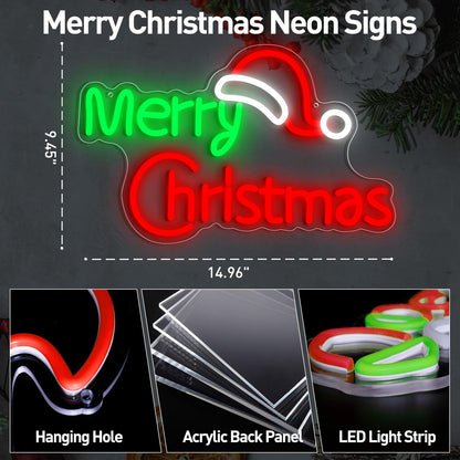 Merry Christmas Neon Signs, Dimmable Merry Christmas LED Light Sign For Holiday Party Home Bar Decoration, USB Powerd Christmases Neon Lights For Wall Decor Festival Celebration 14.96" × 9.45"