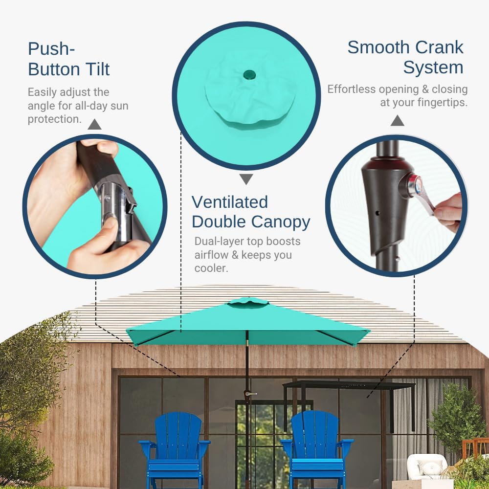 Patio Kingdom 6.5' x 10' Rectangular Patio Umbrella Large Outdoor Market Umbrella w/ UV Protection, Push Button Tilt and Crank Lift, Rectangle Table Umbrella for Garden, Deck, Pool, Patio, Turquoise Blue