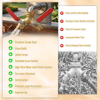 Garden Hose Splitter 2 Way, Heavy Duty Brass Y Valve Water Hose Splitter With Stainless Steel Long Handle Outdoor Full Flow Hose Splitter Connector,Y Valve 3/4 Inch GHT Thread