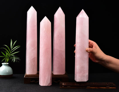 AMOYSTONE Extra Large Healing Crystal Obelisk Tower Rose Quartz Point Wand Crystal Decor Reiki Gifts for Bignners 2.2-2.6 LBS