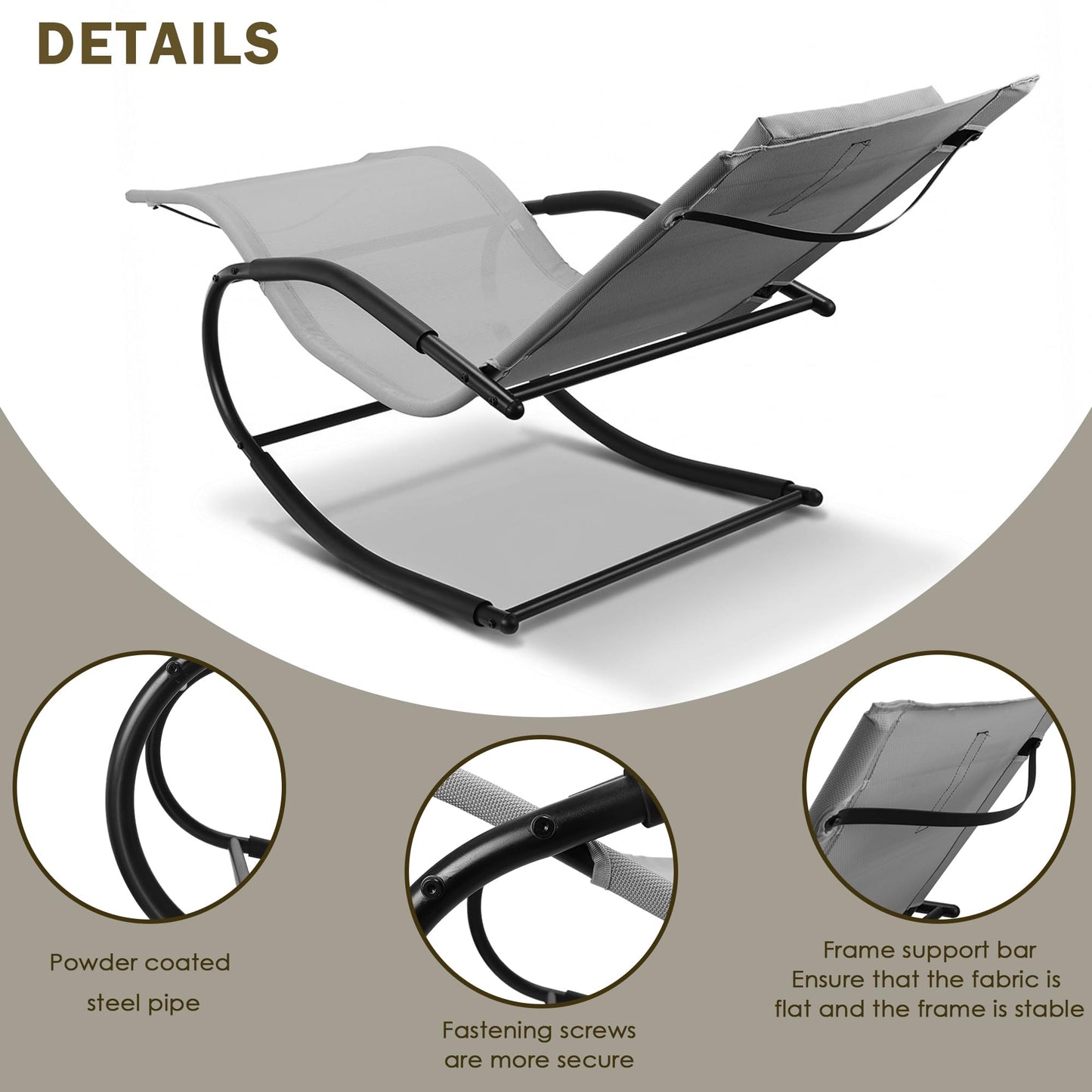 Anmiro Zero Gravity Rocking Chair Lightweight Lounge Chair Recliner with Detachable Pillow for Patio, Lawn, Pool, Outdoor Home Furniture, Grey