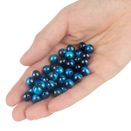 70PCS Natural 8MM Healing Gemstone, Blue Tiger’s Eye Energy Stone Round Loose Beads, Semi-Precious Crystal Beads with Free Elastic String for Jewelry Making DIY