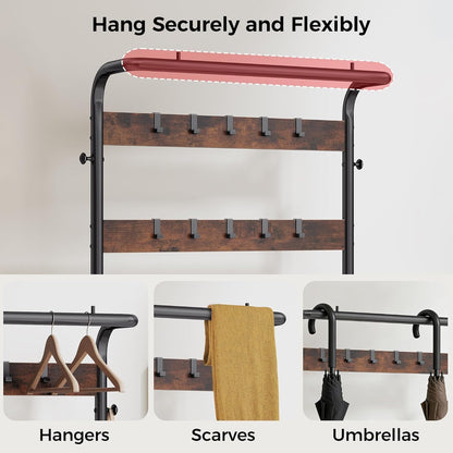 KMFurnila Hall Tree with Bench and Shoe Storage, 4-in-1 Entryway Organizer with 10 Hooks and Storage Shelf,Coat Rack Freestanding with 2-Tier Storage Shelf for Living Room, Bedroom Rustic