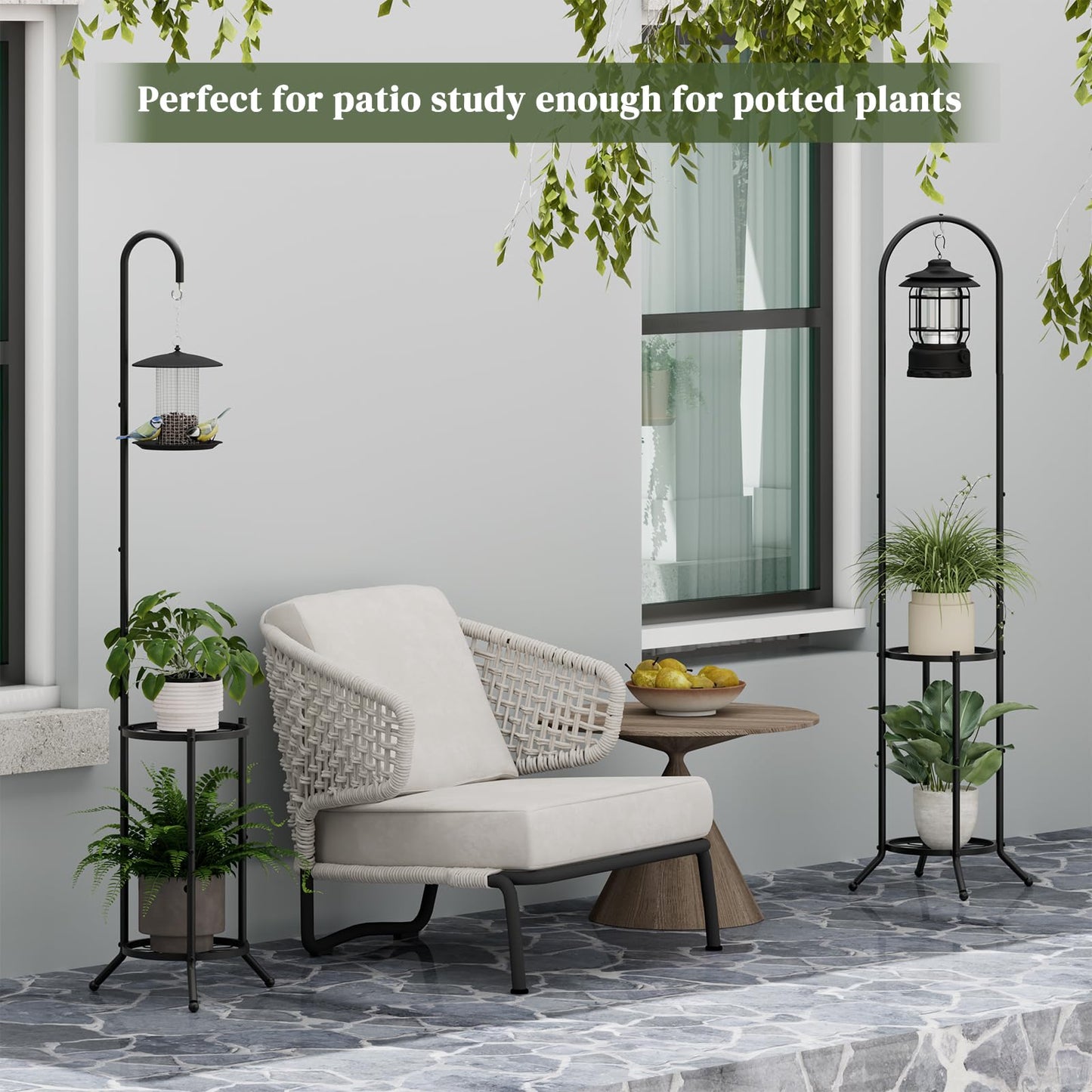 PULIJIAJU 2-tier Hanging Plant Stand Indoor and Outdoor, Space-Saving Iron Plant Shelf, 3 Potted Flower Pot Stand ,Planter Holder for Bedroom Balcony Living Room Patio Garden( n-style)