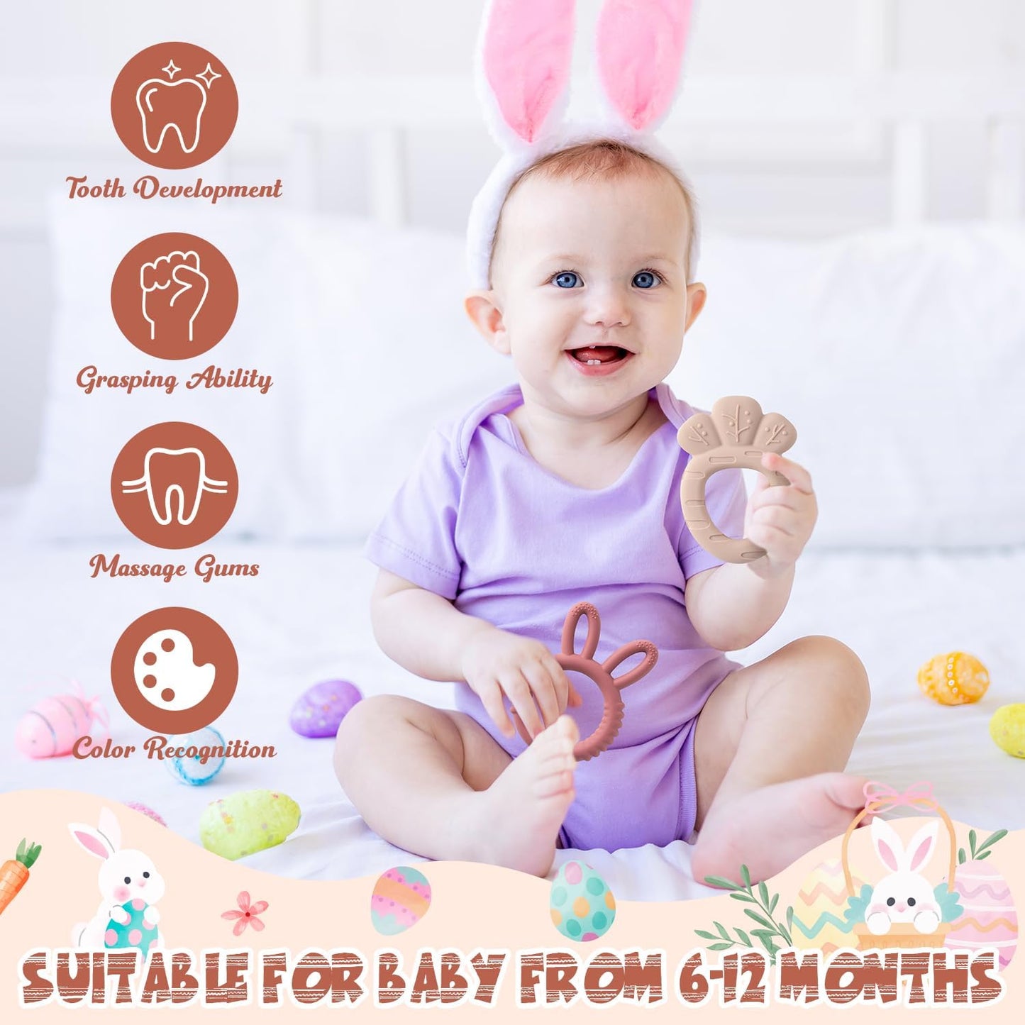 Easter Silicone Teethers for Babies - 2ooya 2Pcs Bunny Chick Carrot Infant Teething Chew Toys, Toddler Sore Gums Pain Relief Toy for Newborn Boy and Girl Spring Easter Baby Shower Birthday Gifts