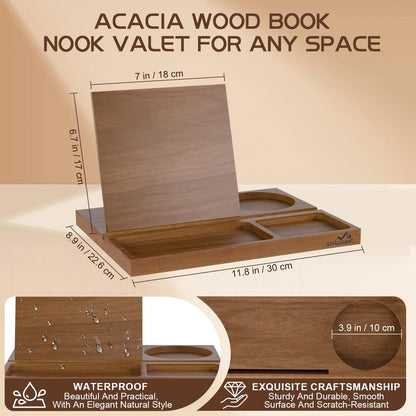 Acacia Book Nook Reading Valet Stand, Wooden Book Stand for Reading Rest, Triangle Books Holder with Cup, Pen, Phone & Earphone Holder, for Nightstand Bedside Desk Library and Book Lover Gifts