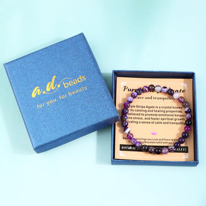 AD Beads 6mm Handmade Purple Stripe Agate Elastic Bracelet – Natural Gemstone for Peace and Tranquility – Meditation, Yoga, Healing and Energy Gift for Men Women
