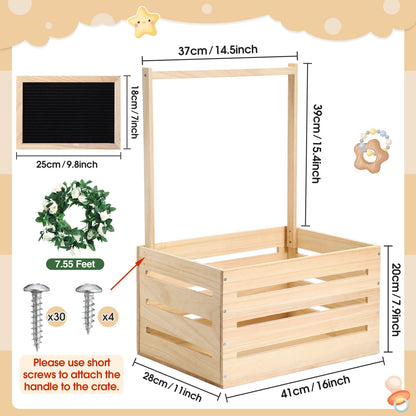 Barydat Wooden Baby Shower Crate Closet, Basket with Handle and Felt Letter Board Kit Garland Baby Shower Wooden Gift Crate Personalized Basket for Pregnancy Announcement New Parent(Wood)