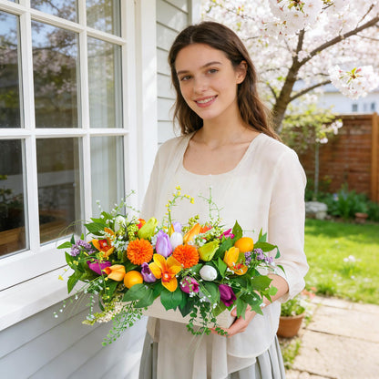 Artificial Tulip & Dahlia Table Centerpiece Lifelike Faux Flowers with Decorative Lemons & Greenery, Spring & Summer Tabletop Decor for Dining Room, Kitchen Island, Coffee Table, Weddings & Home