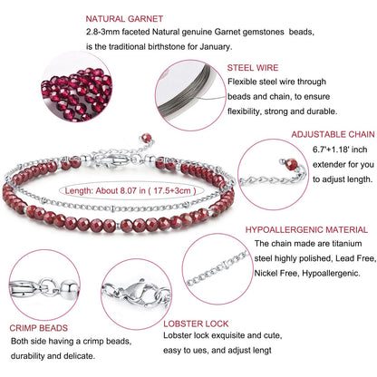 MIROCANE Red Garnet Stand Silver Bracelet, Handmade January Birthstones Stack Bracelets Crystal Gemstones Bead Chain Gifts for Women, 8"