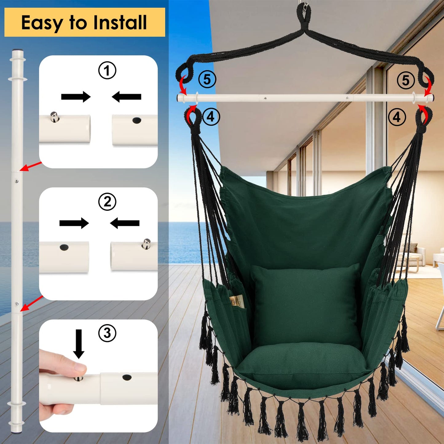 Y- STOP Hammock Chair Hanging Rope Swing, Max 500 Lbs, 2 Cushions Included, Large Macrame Hanging Chair with Pocket for Superior Comfort, with Hardware Kit, Green
