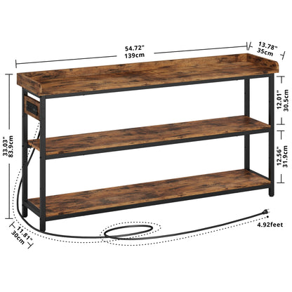 IRONCK Console Table, Sofa Table with Power Outlet, Farmhouse Hallway Table for Entryway, Living Room, Height Adjustable, Easy Assembly, Rustic Brown,55"