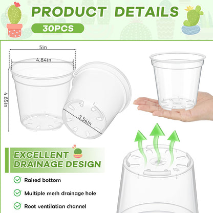Yaomiao 30 Pcs 5 Inch Clear Mini Plastic Plant Pot Nursery Seedling Pots Seed Starter with Drainage Holes for Indoor Outdoor Garden Succulent Plants Cuttings Transplanting