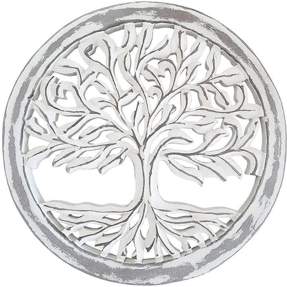 Wooden White Wash Tree of Life Wall Art Panel – 12 Inch Round Wood Carved Wall Hanging Sculpture | Indoor Outdoor Tree of Life Altar Panel Home & Office Wall Décor