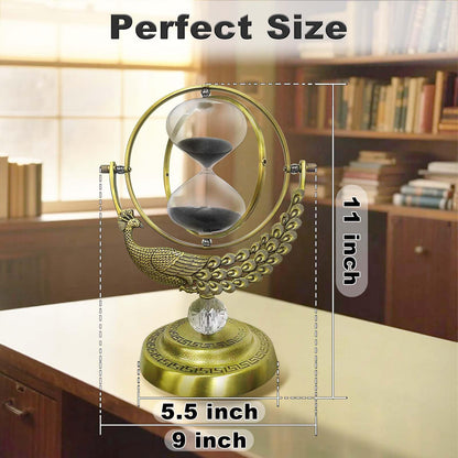 SuLiao Hourglass Sand Timer, 60 Minute Peacock Rotating Hour Glass, 60 Min Unique Black Sand Clock, Large 1 Hour Brass Sandglass, 1 hr Metal Decorative Reloj De Arena, Desk, Office, Home