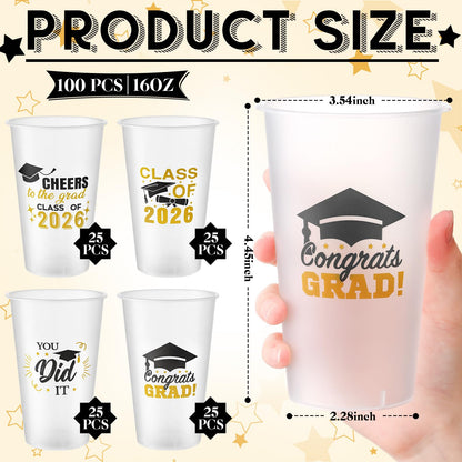 Yungyan 100 Pcs Frosted Graduation Cups 2026 Frosted Plastic Cups 16 oz Disposable Graduation Party Favors Congrats Grad Tableware Decoration for School Supplies