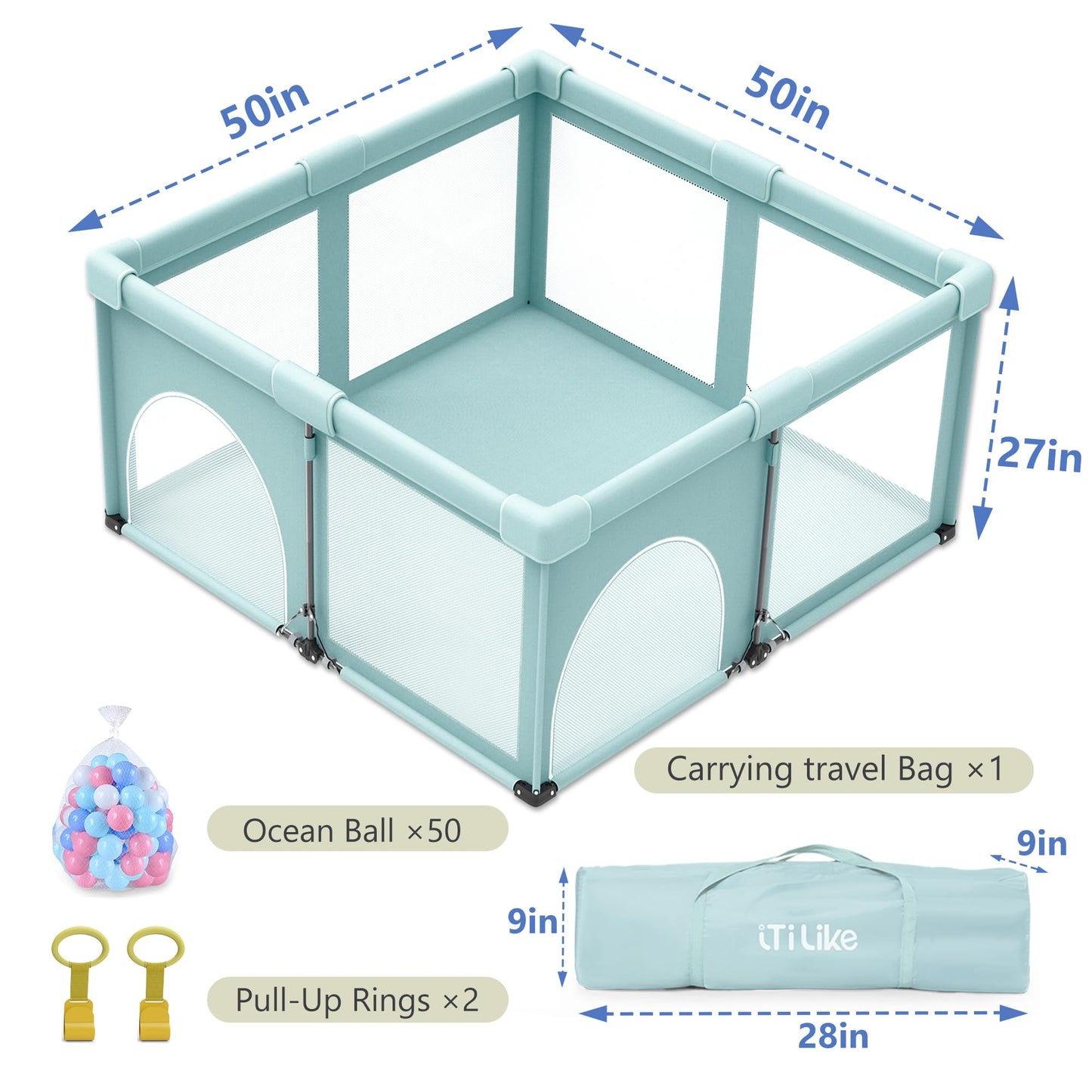 Foldable Baby Playpen 50x50inch, iTiLike Playpen for Babies and Toddlers with 50 PCS Ocean Balls & 2 Handles, Indoor & Outdoor Kids Safety Play Pen Area, Portable Travel Play Yard,Mint Green