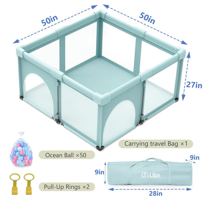 Foldable Baby Playpen 50x50inch, iTiLike Playpen for Babies and Toddlers with 50 PCS Ocean Balls & 2 Handles, Indoor & Outdoor Kids Safety Play Pen Area, Portable Travel Play Yard,Mint Green