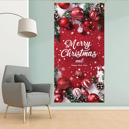 Saoplasa Merry Christmas Door Banner Happy New Year 35x71 Inch Red Christmas Front Door Cover with Snowflakes and Lettering for Xmas Winter Seasonal Holiday Party Porch Wall Hanging New Year Entryway Decoration