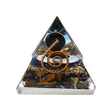 Amazing Gemstone Ultimate Protection Orgone Pyramid with Evil Eye Black Obsidian Sphere - Triple Protection Crystals Tiger Eye Hematite & Black Obsidian (30mm, Small)