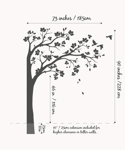 Large Corner Tree Wall Decal with Big Blossoms, Birds and Leaves Nursery Wall Art Sticker Mural 087 (Leaning Right, Black, White)