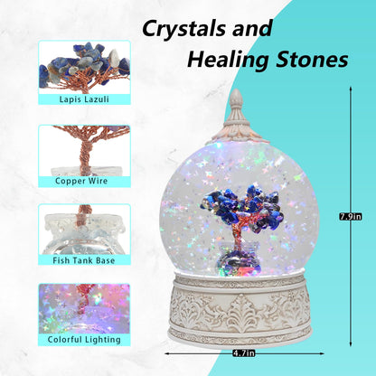 Lapis Lazuli Healing Crystal Tree Globe with Colorful Lights Sparkling Glitter, Natural Gemstone Base, Spiritual Meditation, Positive Energy Good Luck, Home Decor, Birthday Gifts (Lapis Lazuli)
