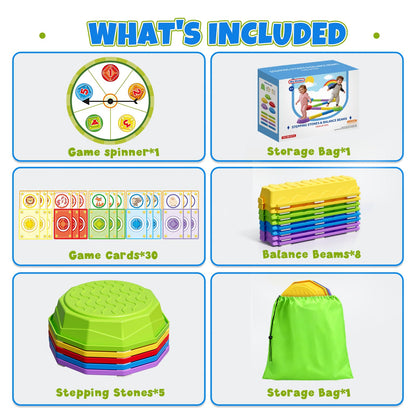 Wee Wonders Balance Beam Stepping Stones for Kids, Non-Slip Sensory Obstacle Course Toys for Toddlers, Stackable Balance Stones with Game Spinner & 30 Card, Indoor Outdoor Gifts for Boys Girls 3-5