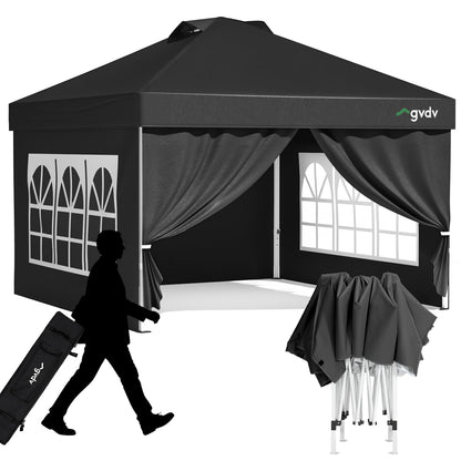 GVDV 10x10 Pop Up Canopy Tent with 4 Sidewalls, Beach Tent with One Push Setup, Outdoor Sun Shade for Events, Parties, Camping - Gazebo with Wheelbag, Black, CP23 B
