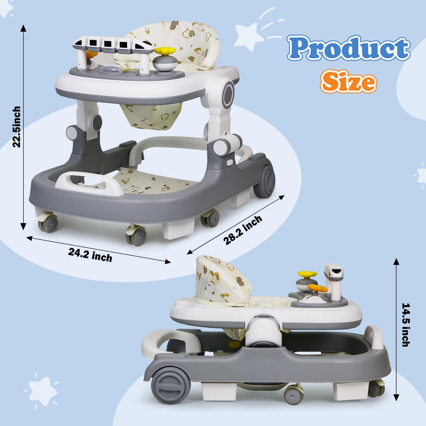 Baby Walker with Wheels, 4 in 1 Foldable Baby Walkers for Boys Girls 6-18 Months, 3 Level Height Adjustment with Bouncing, Feeding Tray & Music, Baby Walker with Activity Center, Toddler Push Walker