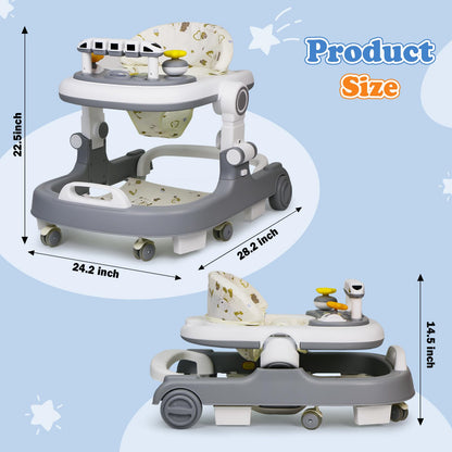 Baby Walker with Wheels, 4 in 1 Foldable Baby Walkers for Boys Girls 6-18 Months, 3 Level Height Adjustment with Bouncing, Feeding Tray & Music, Baby Walker with Activity Center, Toddler Push Walker