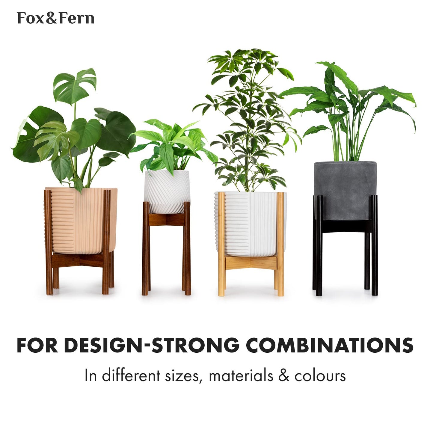 Fox & Fern Bamboo Plant Stand — 14.9 Inch Fixed Size Wooden Mid Century Planter Stand for Indoor Planters (Not Included); Extra Large Flower Pot Holder for Indoor Big Pots; Plug In Design; Dark Bamboo