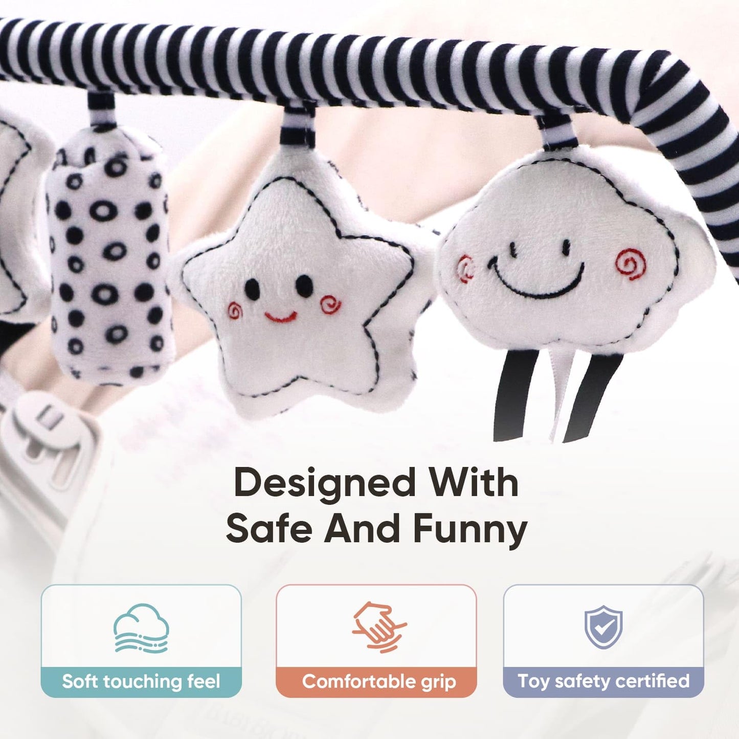 TinlyFinly Baby Bouncer Toy Bar Soft with 4 Hanging Sensory Toys Attachment, Compatible with Baby Bjorn Bouncer, with Mirror, Rattle, Crinkle Sound for Babies All Ages (Black and White Shapes)