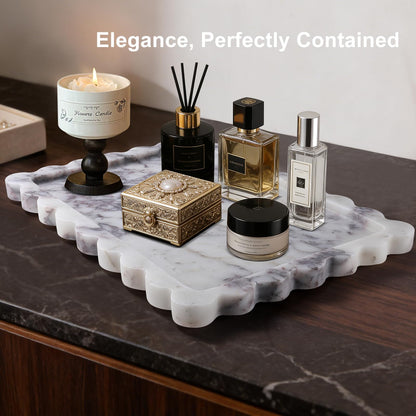 PebblePure 14" x 10" Large Genuine Calacatta Viola Scalloped Marble Tray, Pre-Sealed for Stain & Water Resistance, Luxury Decorative Trays for Vanity, Bathroom, Dresser, Coffee Table, Home Decor