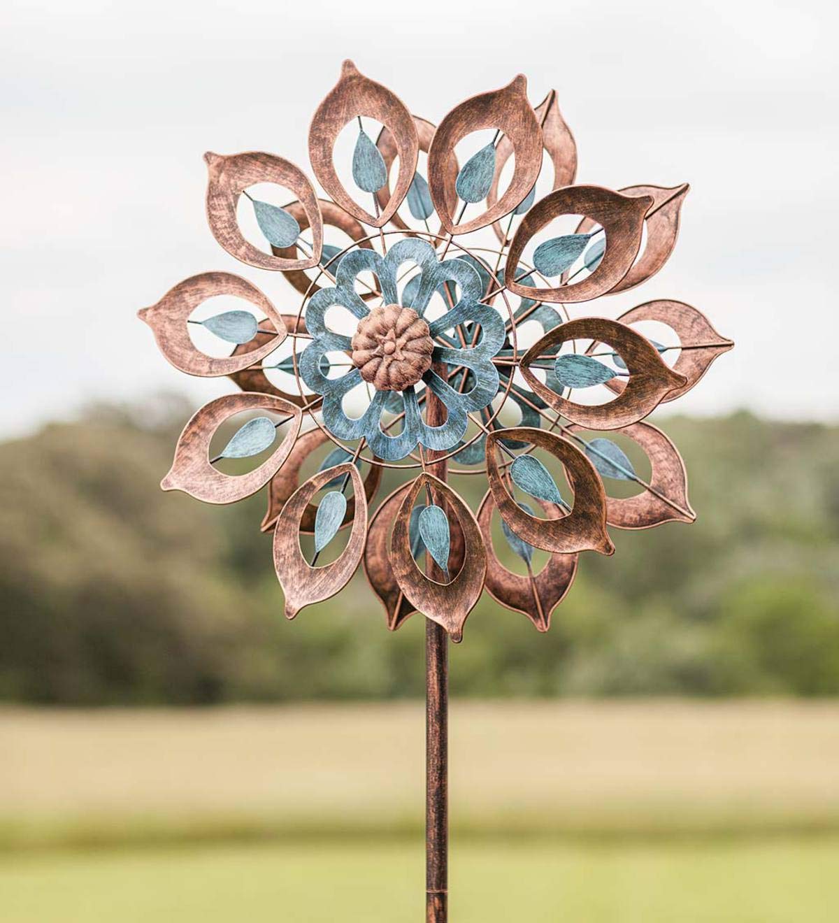 Mesmerizing Copper Lily Wind Spinner Dual-Tone | Petal-in-Petal Design | Independent Rotors | Brushed Copper & Antique Blue |All Seasons | 24" Wx75 H