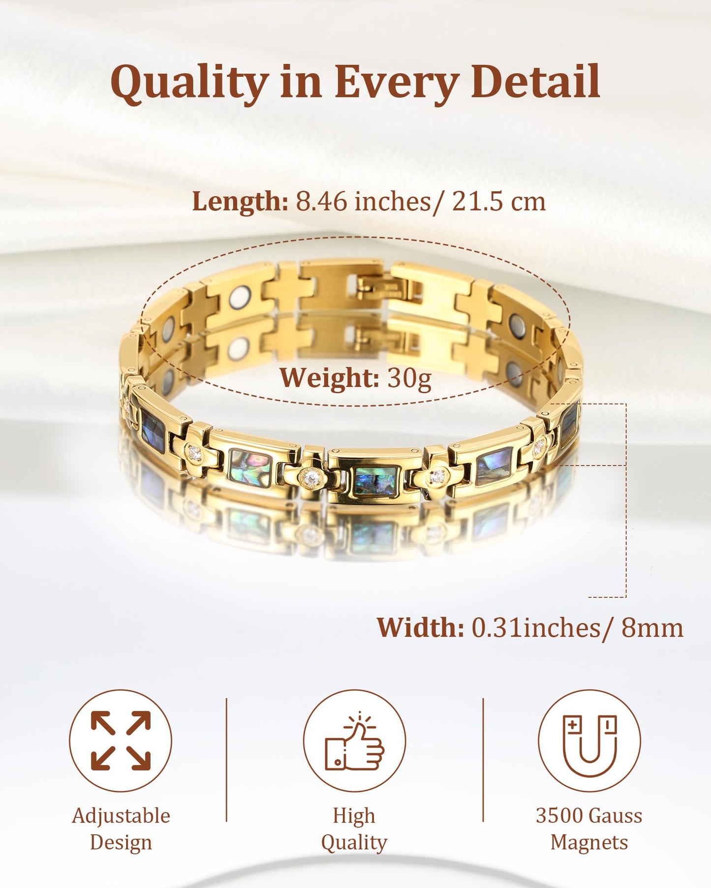 MagEnergy Magnetic Bracelet for Women, Gold Titanium Steel Strength Magnetic Bracelet with Sizing Tool, Adjustable Jewelry Gifts