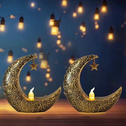 Hying 2 Pieces Ramadan Lanterns Decoration Eid-ul-fitr Table Lamp Eid Mubarak Flameless Candle Lanterns Ramadan Moon Star Lamp for Home Tabletop Decor-Golden Black