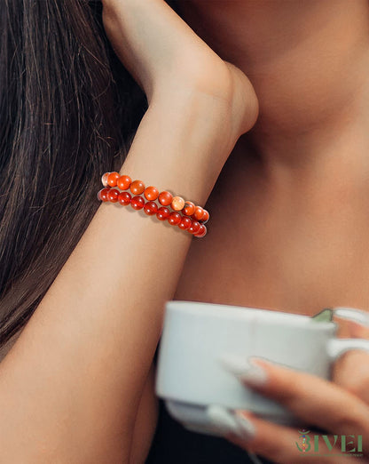 Bivei Natural Gemstone Semi Precious Crystals Handmade Stretchy Round Beads Bracelet, Enhance Positive Energy,Stocking Stuffers for Women(Red Agate & Red Jasper (Vitality) Medium)