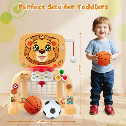 HYES Toddler Basketball Hoop Tball Set & Soccer Goal - Lion Sport Toys for 1 Year Old Boy with Learning Activities (Abacus/Alphabet/Animals Sounds) Christmas Birthday Gifts for Baby Boy Age 1 2 3