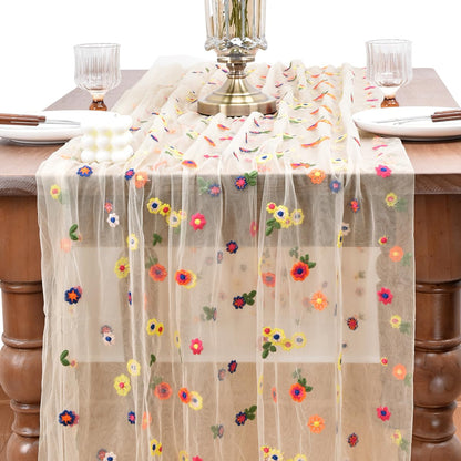 Joanlody Champagne Embroidery Daisy Spring Summer Table Runner 10ft Florals Seasonal Easter Tulle Table Runner Holiday Kitchen Dining Table Decoration for Home Party Indoor