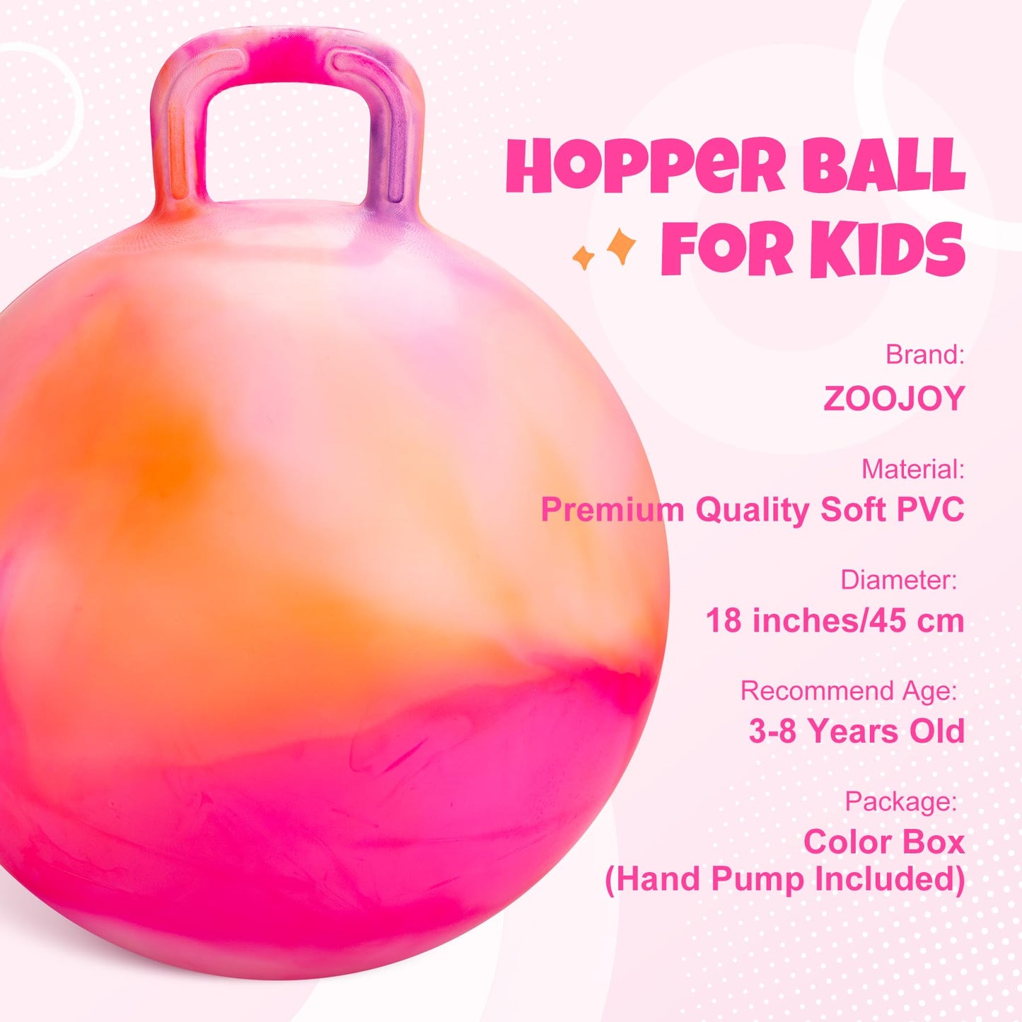 ZOOJOY Hopper Ball for Kids, 18In Bouncy Ball with Handle, Inflatable Orange Clouds Girls Toys for Indoor Outdoor Active Play Hopping Ball, Balance Hopping Gifts for Girls Boys for 3-8 Yr
