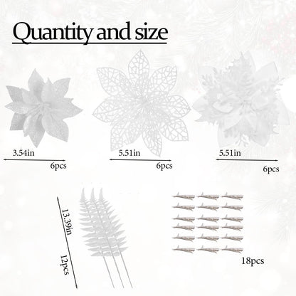 30 Pcs 3 Styles Poinsettias Artificial Christmas Flowers Decorations Set, 18 Poinsettia Flowers Artificial with 12 Christmas Tree Picks for Xmas Decor Holiday Party Decorations（White）