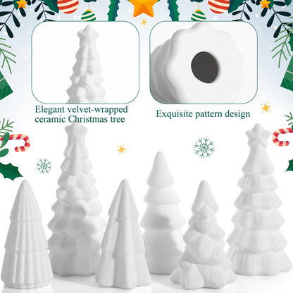 Bucherry 6 Pcs Christmas Ceramics Velvet Trees Set Christmas Table Decorations 3 Sizes Velvet Xmas Tree for Winter Holiday Table Centerpiece Decorations Mantel Decor Xmas Gifts(White)