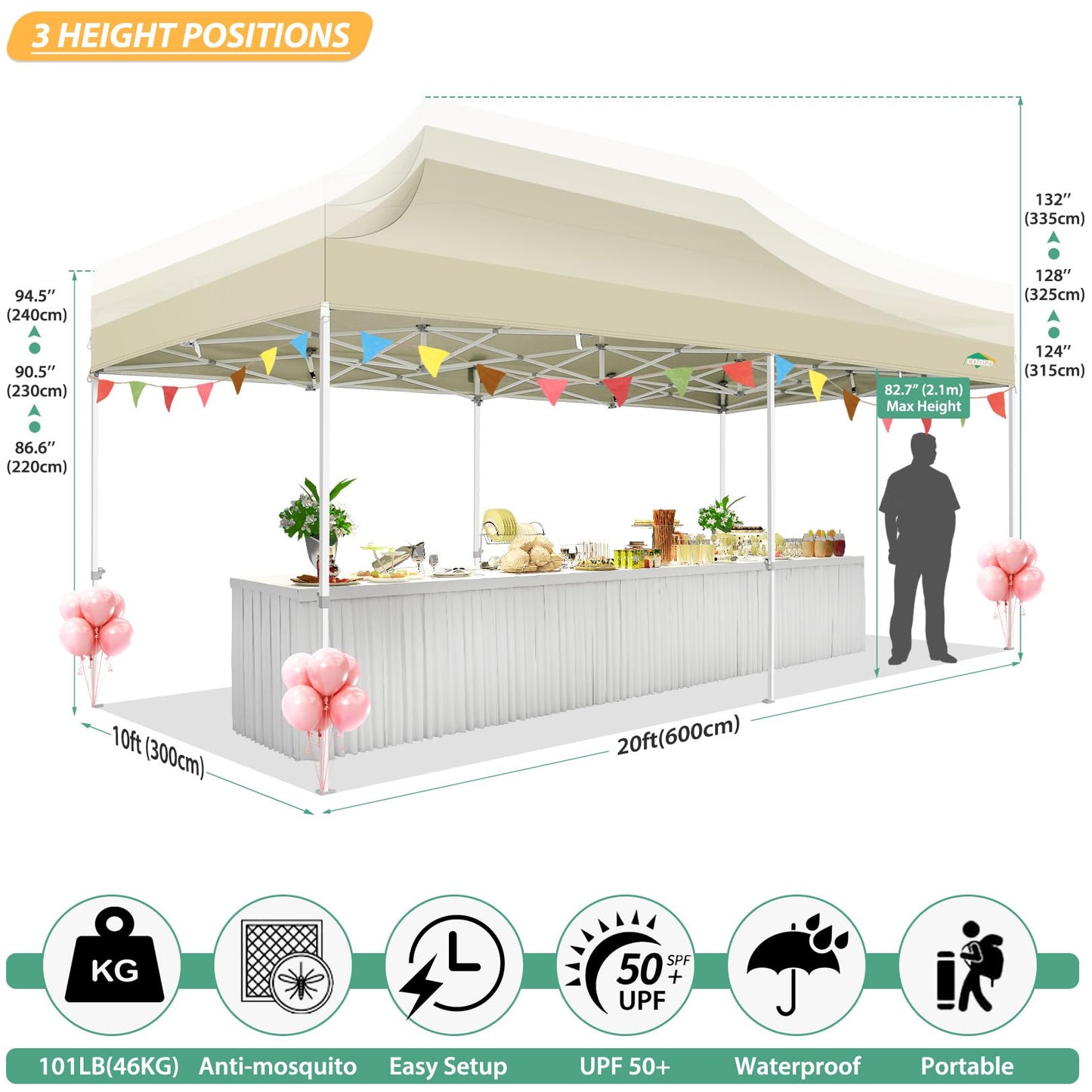 COBIZI 10x20 Canopy Tent with 6 Sidewalls,Heavy Duty Pop up Canopy with Mosquito Netting,Easy up Screen Tent for Parties Wedding Outdoor Patio with Roller Bag,Khaki