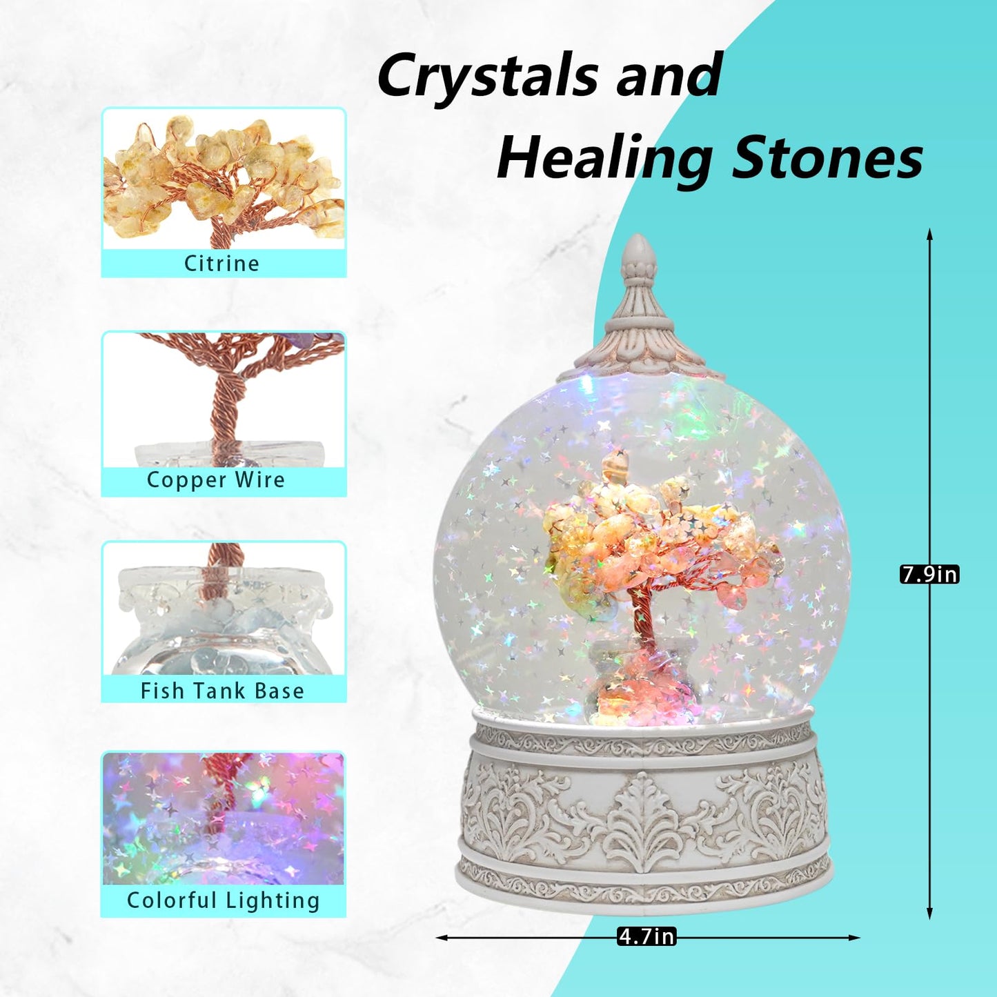Citrine Jasper Healing Crystal Tree Globe with Colorful Lights and Sparkling Glitter, Natural Gemstone Base, Spiritual Meditation, Positive Energy Good Luck, Home Decor, Birthday Gifts (Citrine)