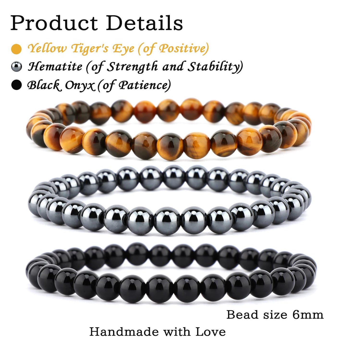 CMBYN 3-Pieces 6mm Natural Crystal Gemstone – ﻿Black Onyx, Hematite, Yellow Tiger's Eye Handmade Reiki Energy Healing Stretch Bracelets Jewelry for Yoga, Meditation, Unisex