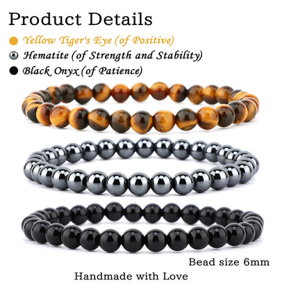 CMBYN 3-Pieces 6mm Natural Crystal Gemstone – ﻿Black Onyx, Hematite, Yellow Tiger's Eye Handmade Reiki Energy Healing Stretch Bracelets Jewelry for Yoga, Meditation, Unisex