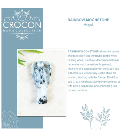 Crocon Rainbow Moonstone Guardian Angel Healing Figurine, Hand Carved Pocket Angel - Crystals for Positive Energy, Handmade Mini Statue for Love, Peace & Healing, Natural Gemstone Healing Figurine