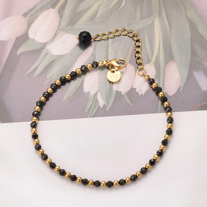 vissen Black and Gold Bracelet Beaded Black Natural Stone Bracelet for Women Black Crystal Gold Plated Bracelets Adjustable Jewellery